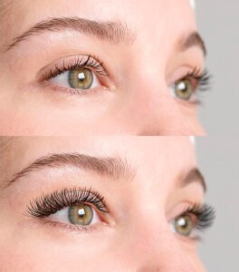 woman before after eyelashes extensions 1